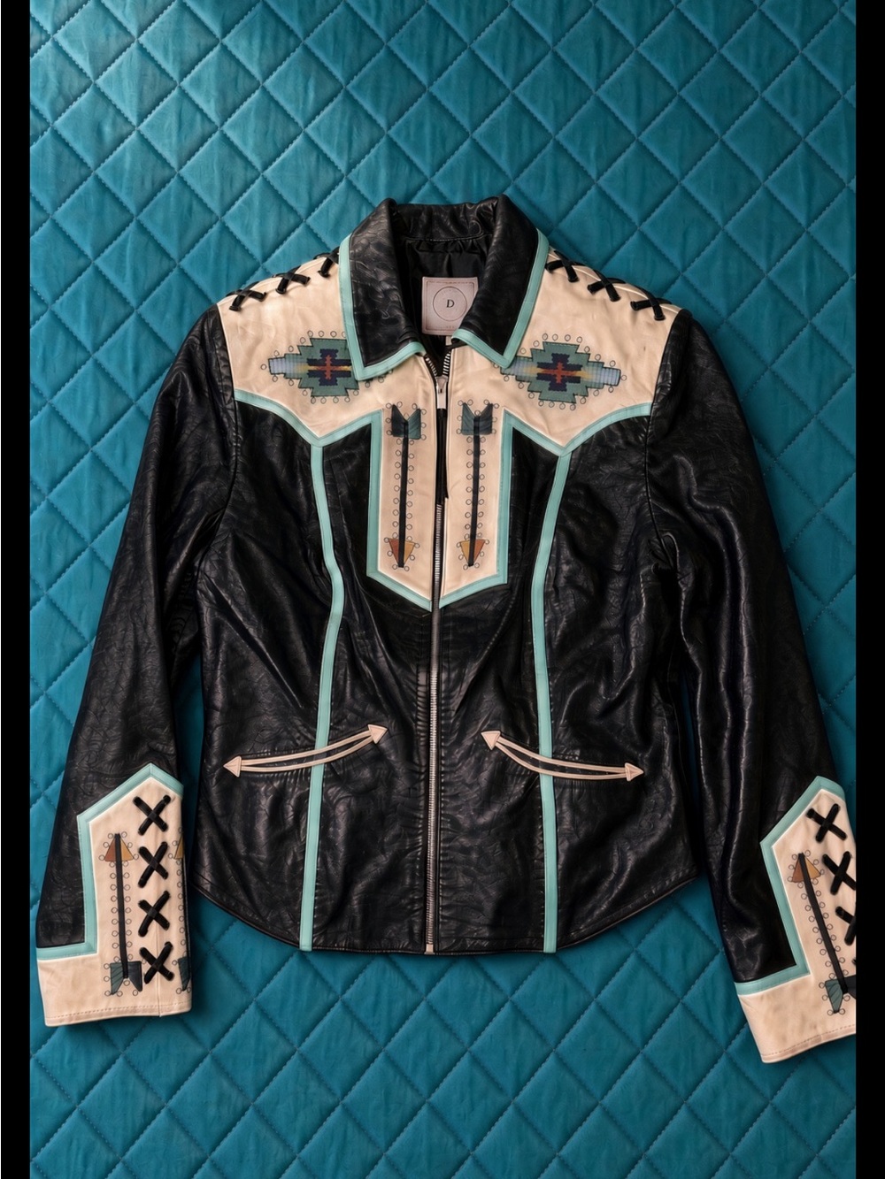 Double D Ranch Leather Jacket turquoise piping Embroidery RTL $1095 S